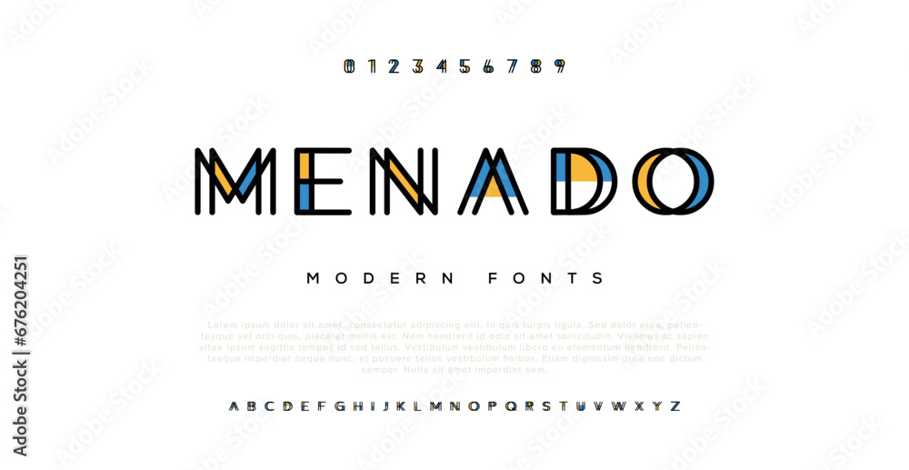 MENADO Modern abstract digital alphabet font. Minimal technology typography, Creative urban sport fashion futuristic font and with numbers. vector illustration - obrazy, fototapety, plakaty 