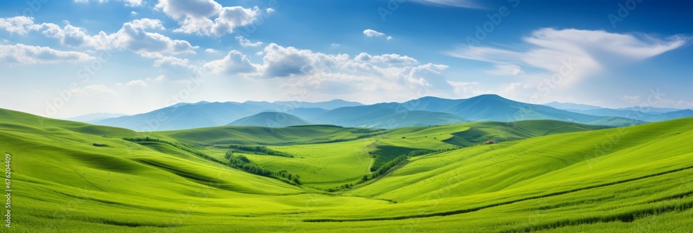 Breathtaking landscape of lush green fields under a serene blue sky adorned with fluffy clouds