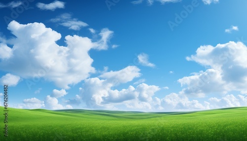 Breathtaking landscape of lush green fields under serene blue sky with fluffy white clouds