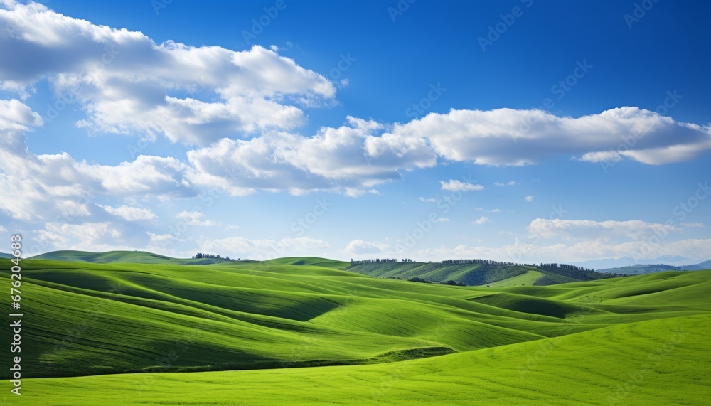 Breathtaking view of lush green fields under a serene blue sky with fluffy white clouds