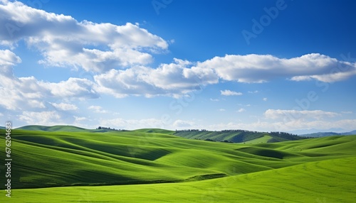 Breathtaking view of lush green fields under a serene blue sky with fluffy white clouds