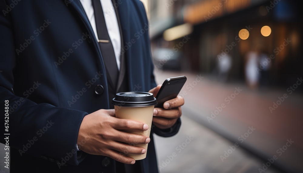 Close up of a businessman networking and typing sms on smartphone outdoors with take away coffee - obrazy, fototapety, plakaty 