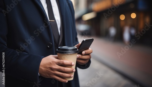 Close up of a businessman networking and typing sms on smartphone outdoors with take away coffee
