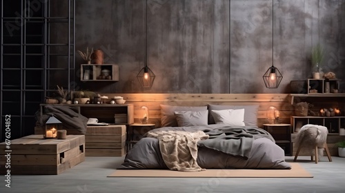 Comfortable loft style bedroom with wooden top bed made from old pallets. : Generative AI photo