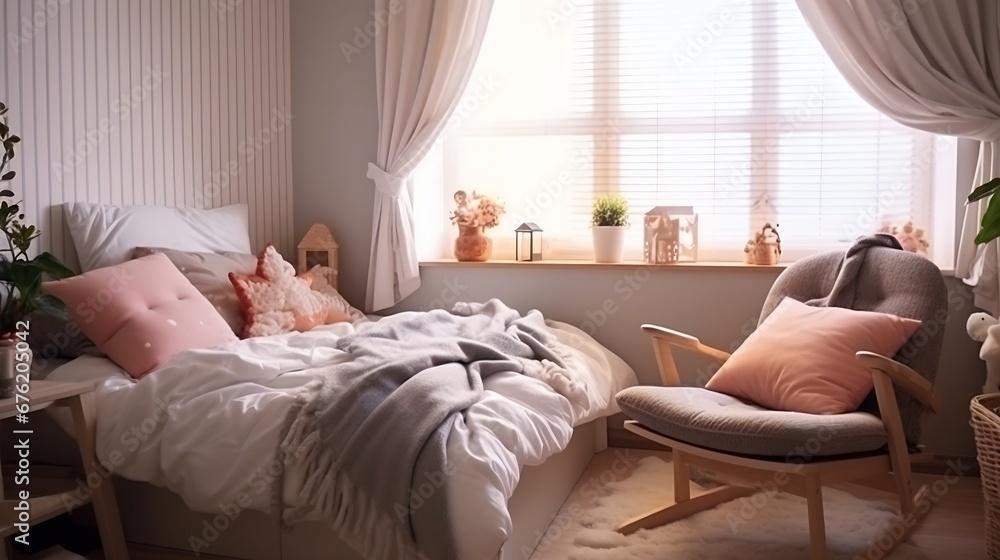 Interior of cozy single bedroom decorated with quilt and curtains : Generative AI Interior of cozy single bedroom decorated with quilt and curtains : Generative AI