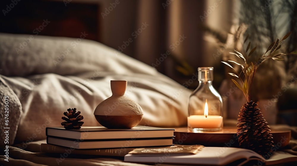 Liquid home fragrance in diffuser with open paper book on coffee table in bedroom indoors close up over scented candle. Cozy and hygge atmosphere. Aromatherapy. Apartment living. Winte : Generative AI - obrazy, fototapety, plakaty 