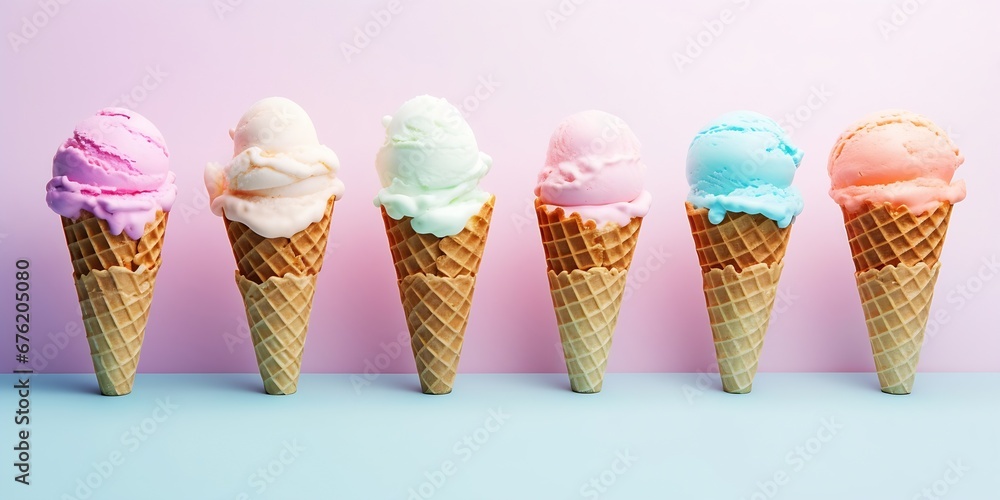 Pastel ice cream in waffle cones, bright background, copy space : Generative AI Pastel ice cream in waffle cones, bright background, copy space : Generative AI