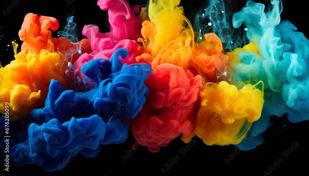 Fototapeta premium Captivating fusion of vibrant liquid colors and ink droplets creating abstract cloud formation