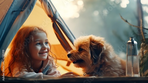Close up of little girl child sitting in camping tent near sleeping dog and looking at bonfire near forest in morning. Campfire, burning wood in summertime. Camping vibes and outdoor l : Generative AI photo
