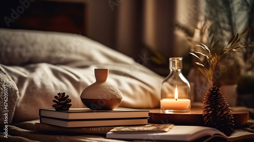 Liquid home fragrance in diffuser with open paper book on coffee table in bedroom indoors close up over scented candle. Cozy and hygge atmosphere. Aromatherapy. Apartment living. Winte : Generative AI photo