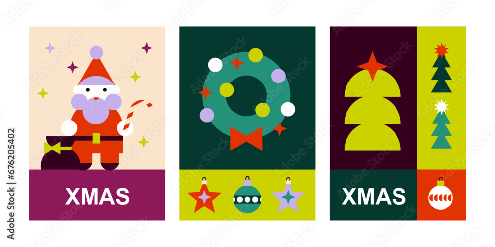 Set of colored Christmas cards in the style of simple abstract shapes. Collection of New Year banners with fir wreaths, champagne, tree, gifts, balls for congratulations. Cartoon vector illustration.