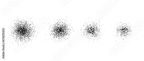 Stippled radial brush stroke set. Grain gradient collection. Grunge sprinkle spray texture. Dirty dust or sand noise round elements. Grungy splashed stains spots vector pack. Splattered dots overlay