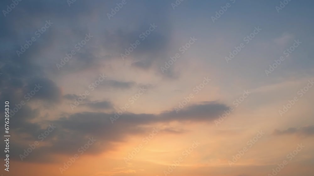 Sunset time lapse : The timelapse captures a sunset sky with swirling, cotton candy clouds. Colors shift from warm oranges to deep purples, painting the sky in a display of nature's beauty. 4K.
Sunset time lapse : The timelapse captures a sunset sky with swirling, cotton candy clouds. Colors shift from warm oranges to deep purples, painting the sky in a display of nature's beauty. 4K.