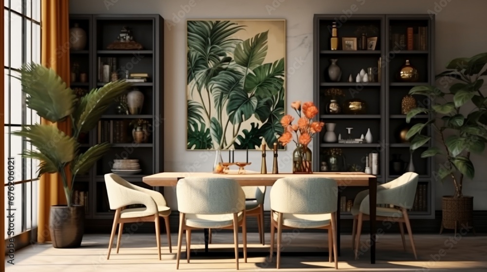 Stylish composition of dining room interior with design table, modern chairs, decoration, tropical leaf in vase, fruits, bookcase, abstract mock up paintings and elegant accessories in home decor Stylish composition of dining room interior with design table, modern chairs, decoration, tropical leaf in vase, fruits, bookcase, abstract mock up paintings and elegant accessories in home decor