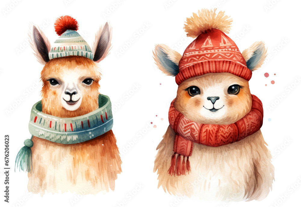 Fototapeta premium Christmas Llama Wearing a knitted scarf and a winter hat, Christmas Knitted Painting Watercolor Clipart isolated on Transparent Background.