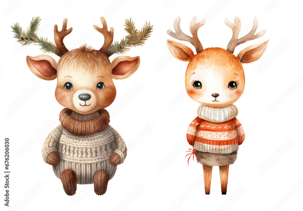Christmas Reindeer Wearing a knitted scarf and a winter sweater, Christmas Knitted Painting Watercolor Clipart isolated on Transparent Background. Christmas Reindeer Wearing a knitted scarf and a winter sweater, Christmas Knitted Painting Watercolor Clipart isolated on Transparent Background.