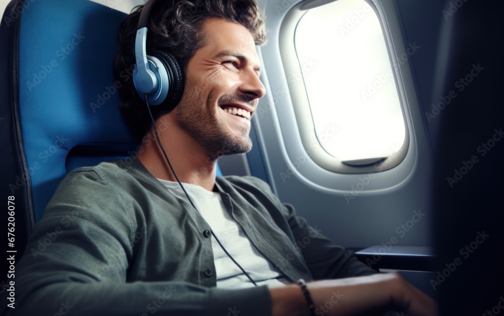 Happy man passenger sitting on business class luxury plane headphones in his ears to listen music. Concept travel by airplane. Happy man passenger sitting on business class luxury plane headphones in his ears to listen music. Concept travel by airplane.