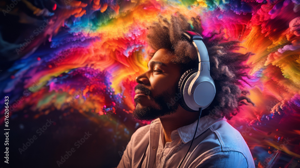A man with colorful headphones, surrounded by glowing rainbow light, embodies spirited portraits in a musical atmosphere. A man with colorful headphones, surrounded by glowing rainbow light, embodies spirited portraits in a musical atmosphere.