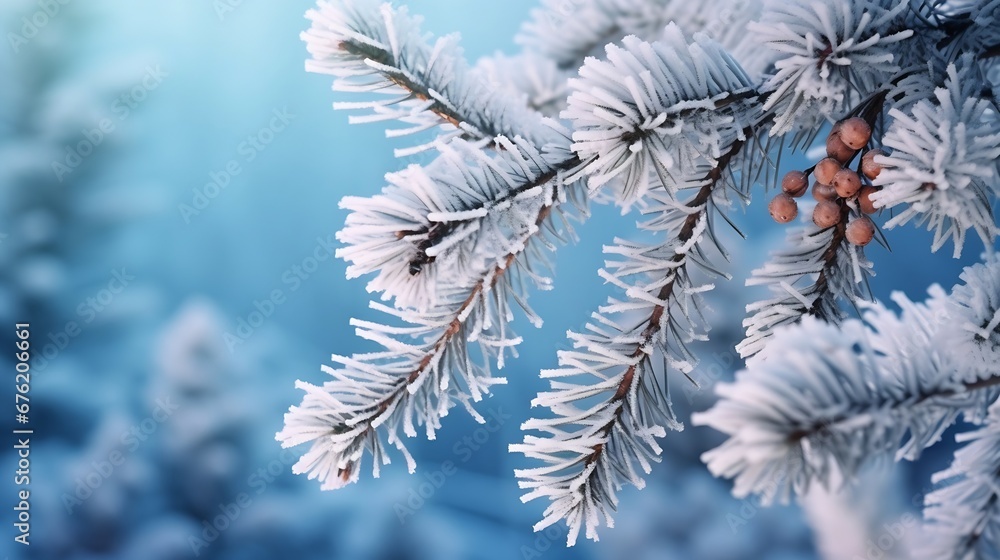 Fir branches in hoarfrost and snow with cones on a blue background of the sunset sky . Close-up. winter background : Generative AI