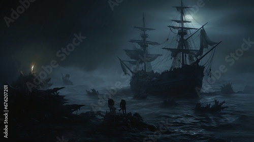 a bone-chilling scene of a spectral shipwreck in a foggy, moonlit bay, with ghostly figures on deck