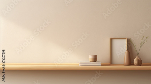 Versatile shelf wood beige tone light with plant pot and empty picture frame background for presentation product