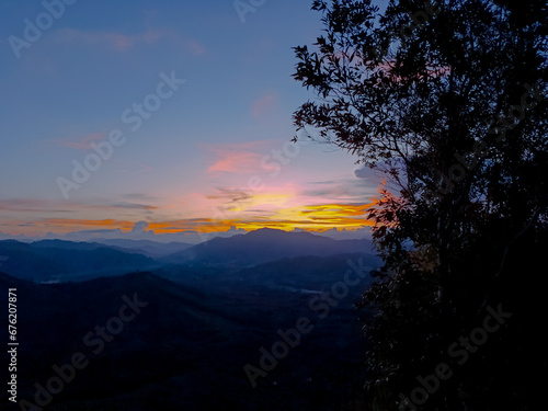 Landscape mountain twilight sunset. Nature colorful cloud sky. Background horizons natural evening. Sky cloud beautiful top view. Relax feeling time, freedom lifestyle rest, happy holiday view. 