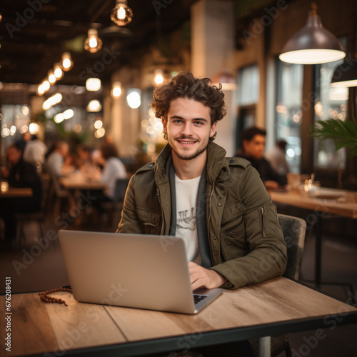 Portrait of a smiling young man using laptop while sitting in cafe,Generative AI