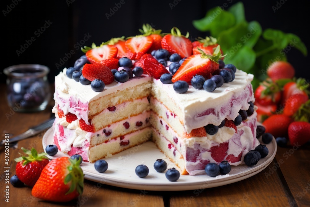 sliced blueberry ​​strawberry cake with cream and decoration