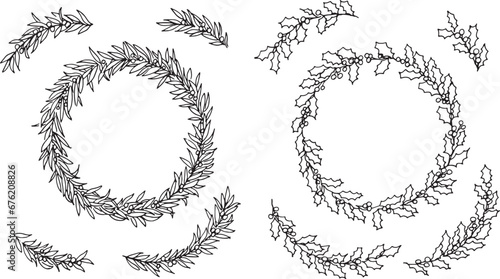 クリスマスリースフレーム。植物のベクターイラストフレーム。柊のリースイラスト。Christmas wreath frame. Vector illustration frame of plants. Holly wreath illustration.