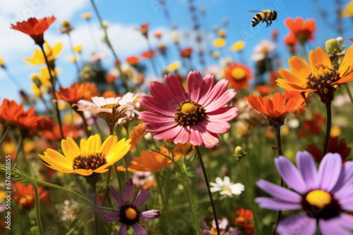 A colorful flower meadow with a wide variety of colorful flowers bio diversity in nature © Moonpie