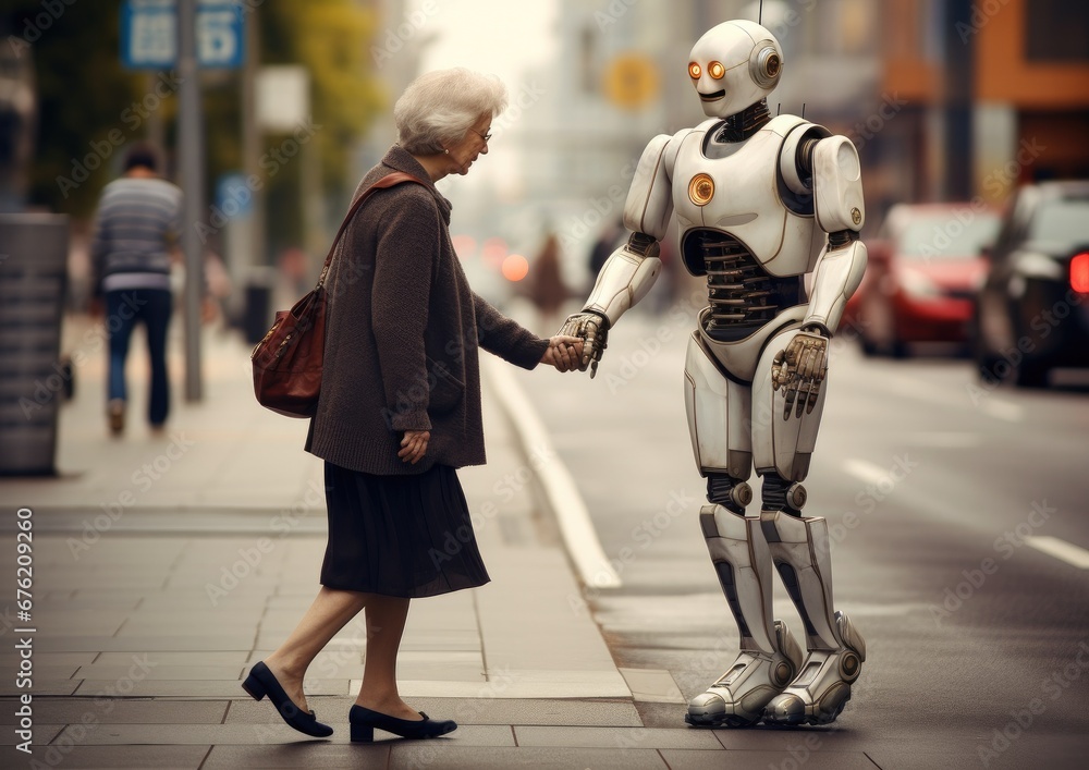 robot helps an elderly shopping , City of pensioners. Robotic assistant for the elderly. Generative AI robot helps an elderly shopping , City of pensioners. Robotic assistant for the elderly. Generative AI