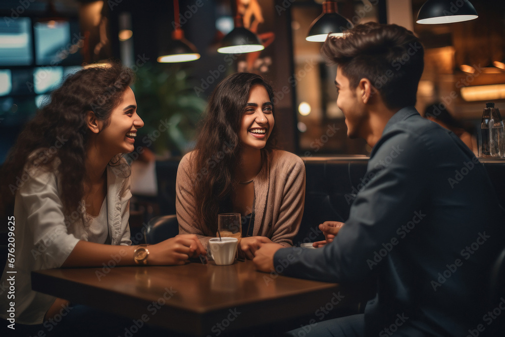 Happy friends having fun together at cafe