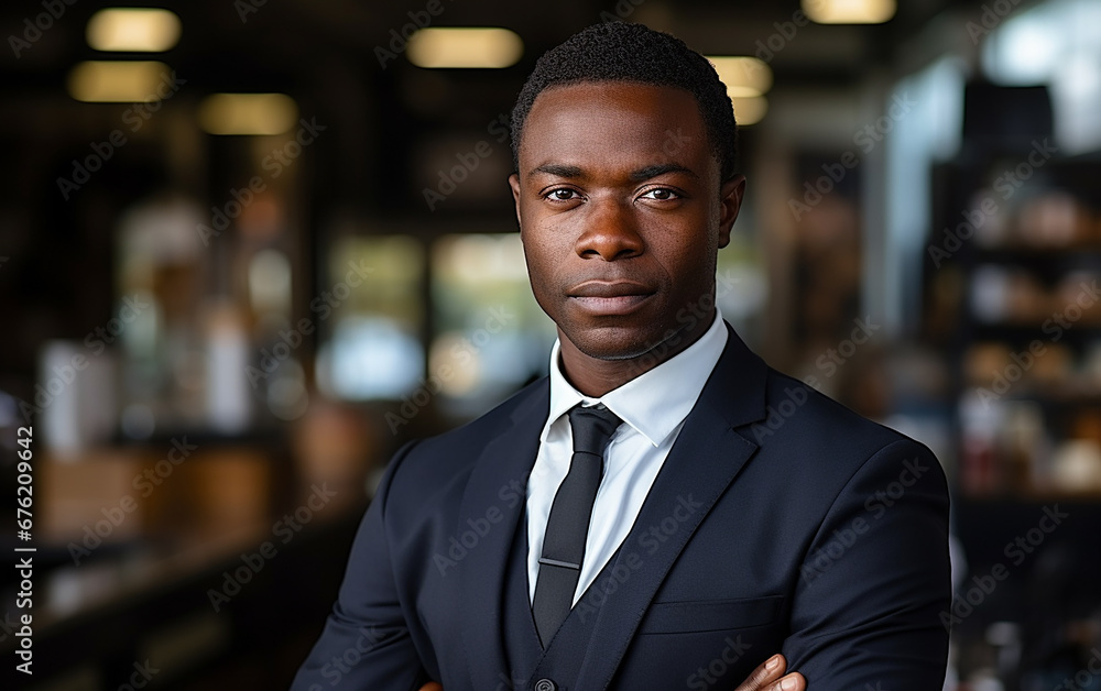 A dark-skinned 30-year-old businessman stands in the office. Successful mature boss working inside modern office building. A dark-skinned 30-year-old businessman stands in the office. Successful mature boss working inside modern office building.