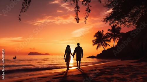 Honeymoon travel, silhouette of romantic couple on sunset beach, tropical holidays near the sea, man and woman together on vacation © LaxmiOwl