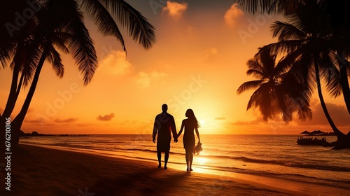 Honeymoon travel  silhouette of romantic couple on sunset beach  tropical holidays near the sea  man and woman together on vacation