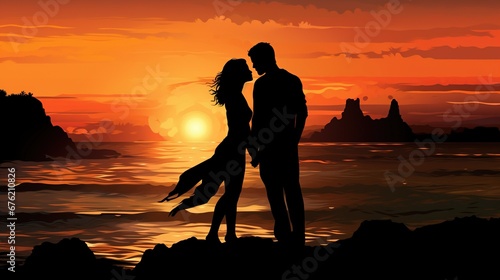 Honeymoon travel, silhouette of romantic couple on sunset beach, tropical holidays near the sea, man and woman together on vacation