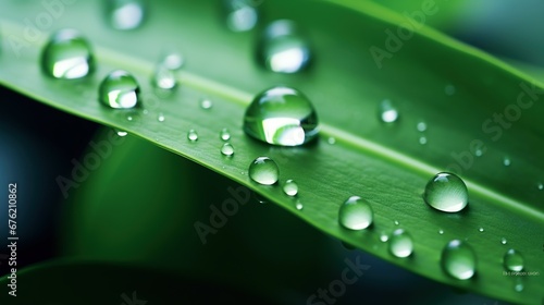 large water drops on a green leaf with a backdrop, in the style of photo-realistic landscapes, bio-art, abstract simplicity