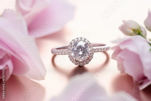 Macro shot of diamond ring mockup on white silk background, white flower