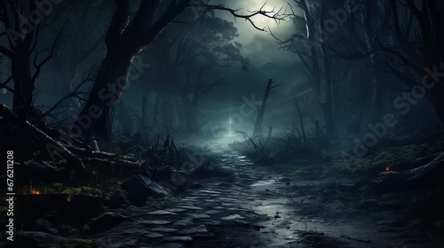 Mysterious forest with a moonlit path fog and a Halloween backdrop hint © LaxmiOwl