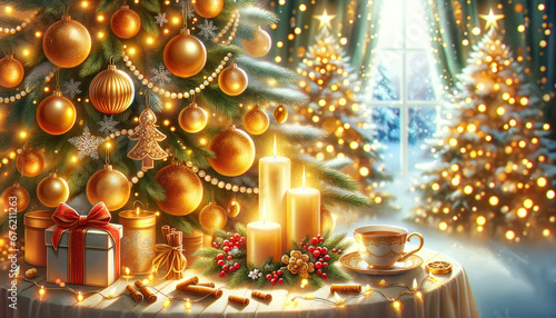 Christmas interior room. Golden festive scene with decorated tree, gifts and candles. Generative ai. © Irina
