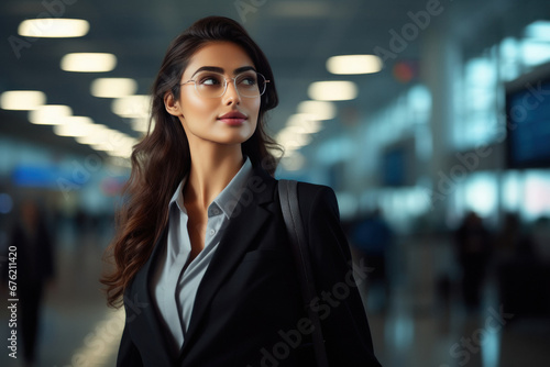 Young woman in suit standing at airport