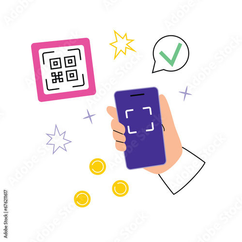 Paying with qr code, contactless payment hand drawn composition, coins doodle icons, vector illustration of shopping, using smartphone to pay, qr code scan technology, mobile bank app, colored clipart