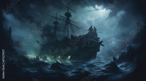a ghostly, decaying shipwreck in the midst of a foggy, moonlit ocean, with ghostly figures on board photo