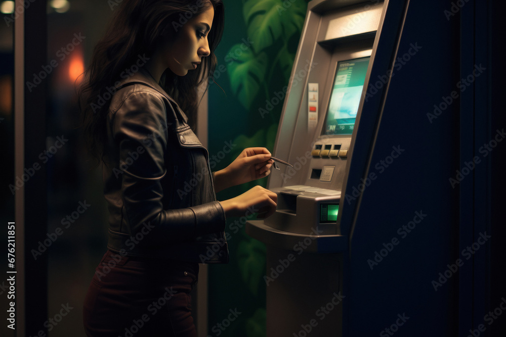 Young woman using Automatic teller machine. Young woman using Automatic teller machine.