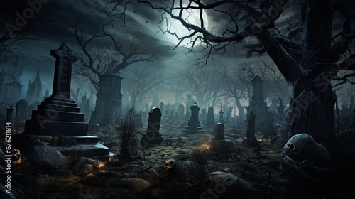 a ghostly  overgrown graveyard with tilted headstones  rustling leaves  and an eerie  moonlit atmosphere