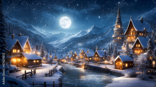 Enchanting Christmas Village nestled among majestic mountains, bathed in the gentle glow of a brilliant moon.