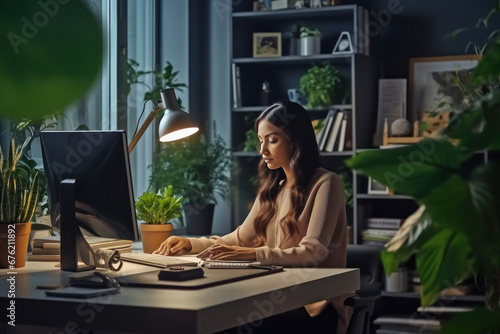 young woman work on laptop till late night at home photo