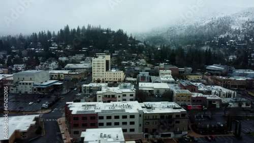 Ashland, Oregon, USA, Winter 2023.  Downtown. Moving from East to West looking South at downtown.  Showing Ashland Springs Hotel, and the OSF Elizabethan Theater, and the Plaza photo