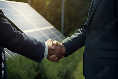 Green Business Partnership Two Businessmen Shaking Hands in a Sustainable Environment with Solar Panels as Backdrop