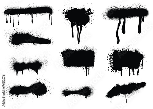 Graffiti spray paint element, Black graffti paint splattered in dirty style, Artistic texture of ink brush strokes, splatter stains, Paintbrush, stroke vector set